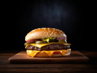 perfect cheese burger with vegetables on wooden table and black background.